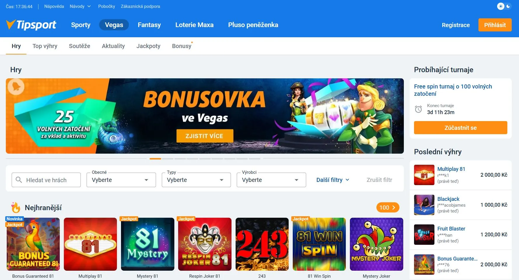 seznam českých online kasin Tipsport Vegas